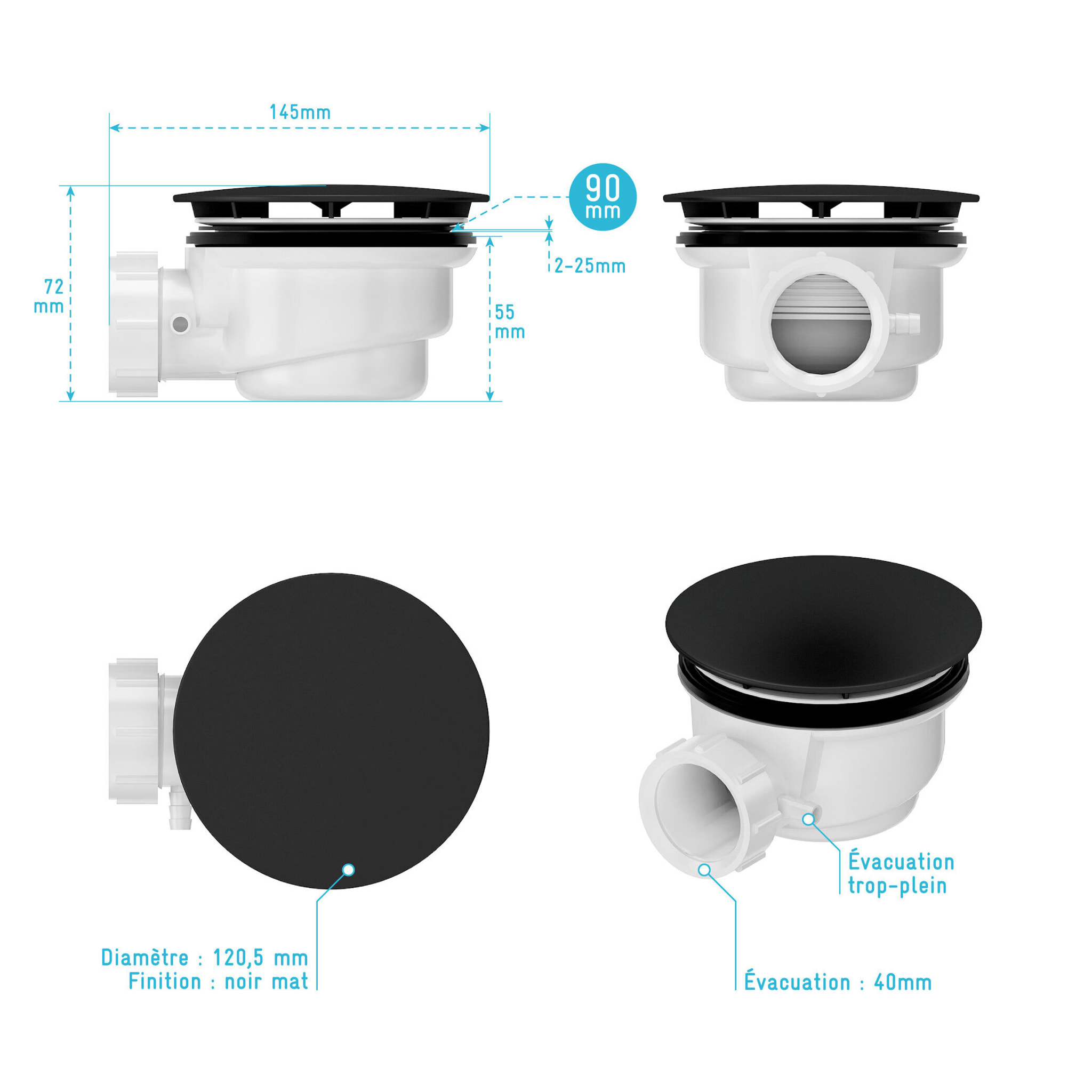 Bonde de Receveur Diamètre 90 mm - Capot Noir - Evacuation Horizontale