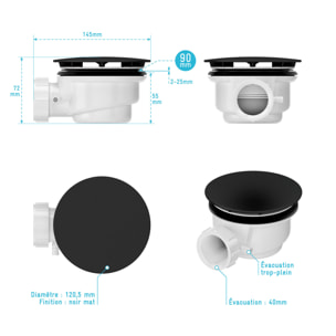 Bonde de Receveur Diamètre 90 mm - Capot Noir - Evacuation Horizontale