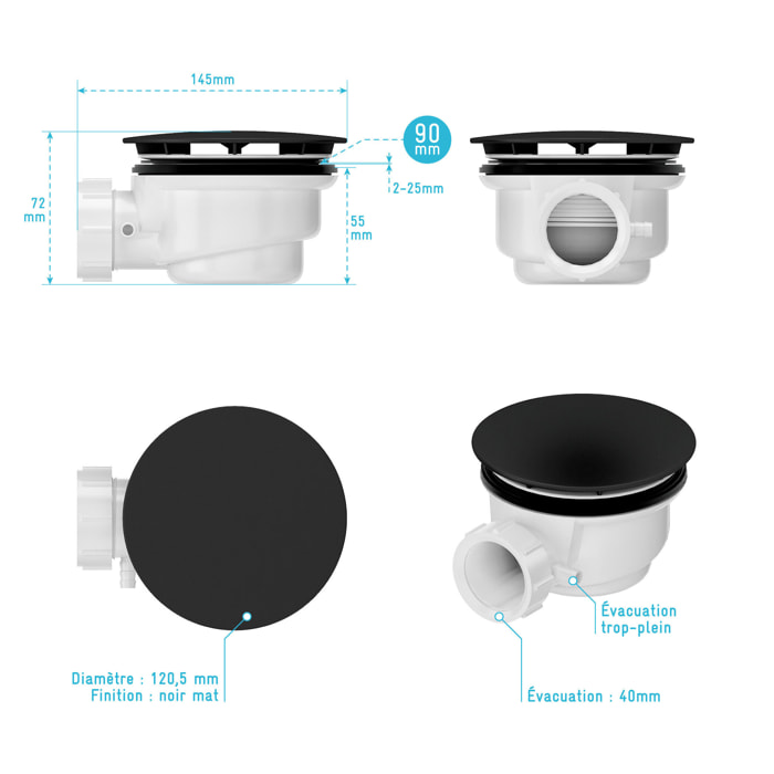 Bonde de Receveur Diamètre 90 mm - Capot Noir - Evacuation Horizontale
