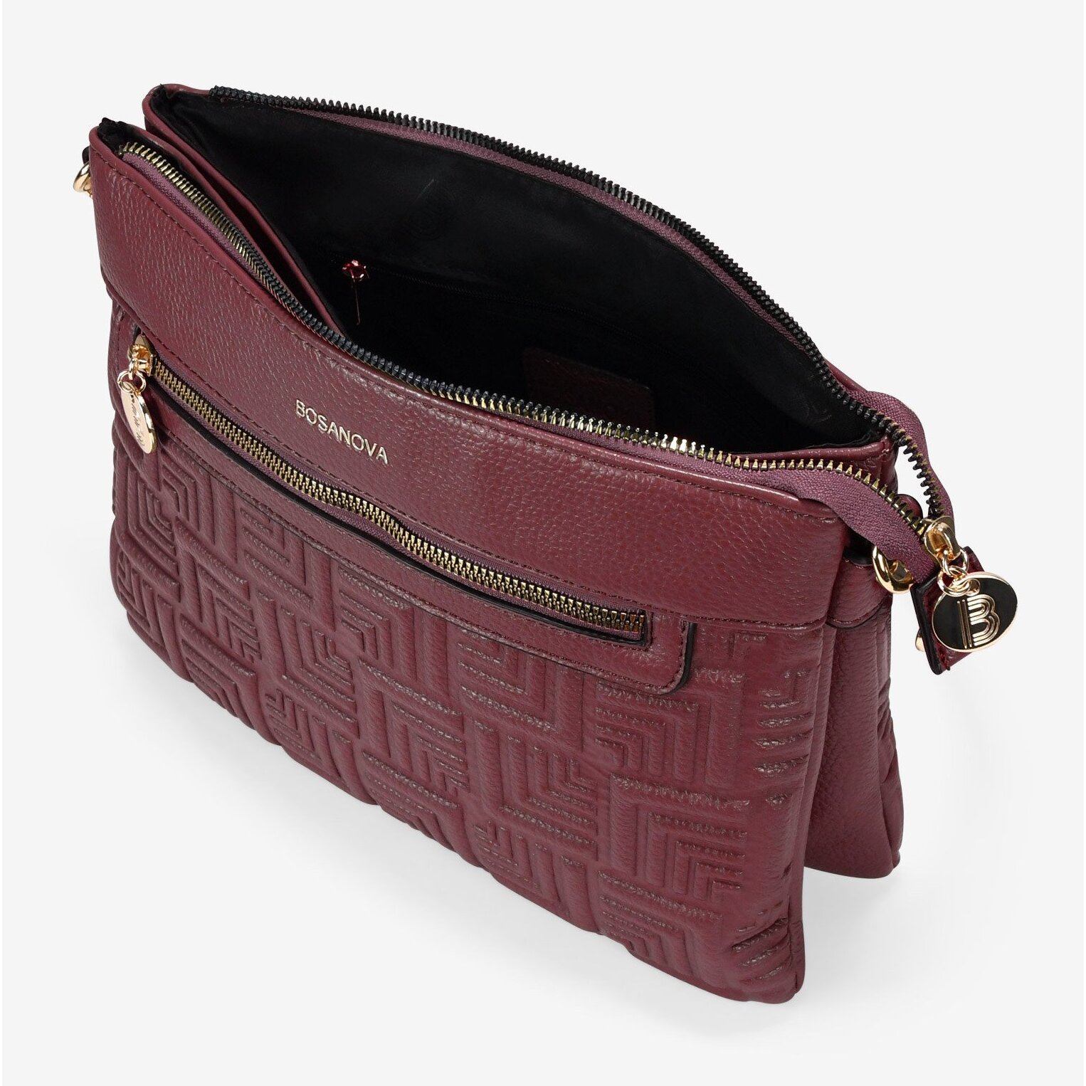 Bolso bandolera burdeos con cinturón y grabado