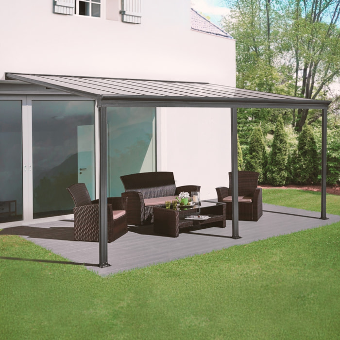 Pergola murale 3x5m anthracite en aluminium et polycarbonate avec gouttière. pergola adossée