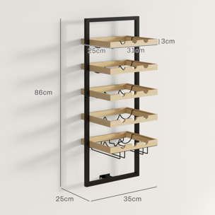 Étagère à bouteille, casier à bouteille mur, 5 niveaux pour 15 bouteilles 4 verres, pour bar à domicile cuisine salon, 35l x 25P x 86H cm, bois de pin, finition bois naturel