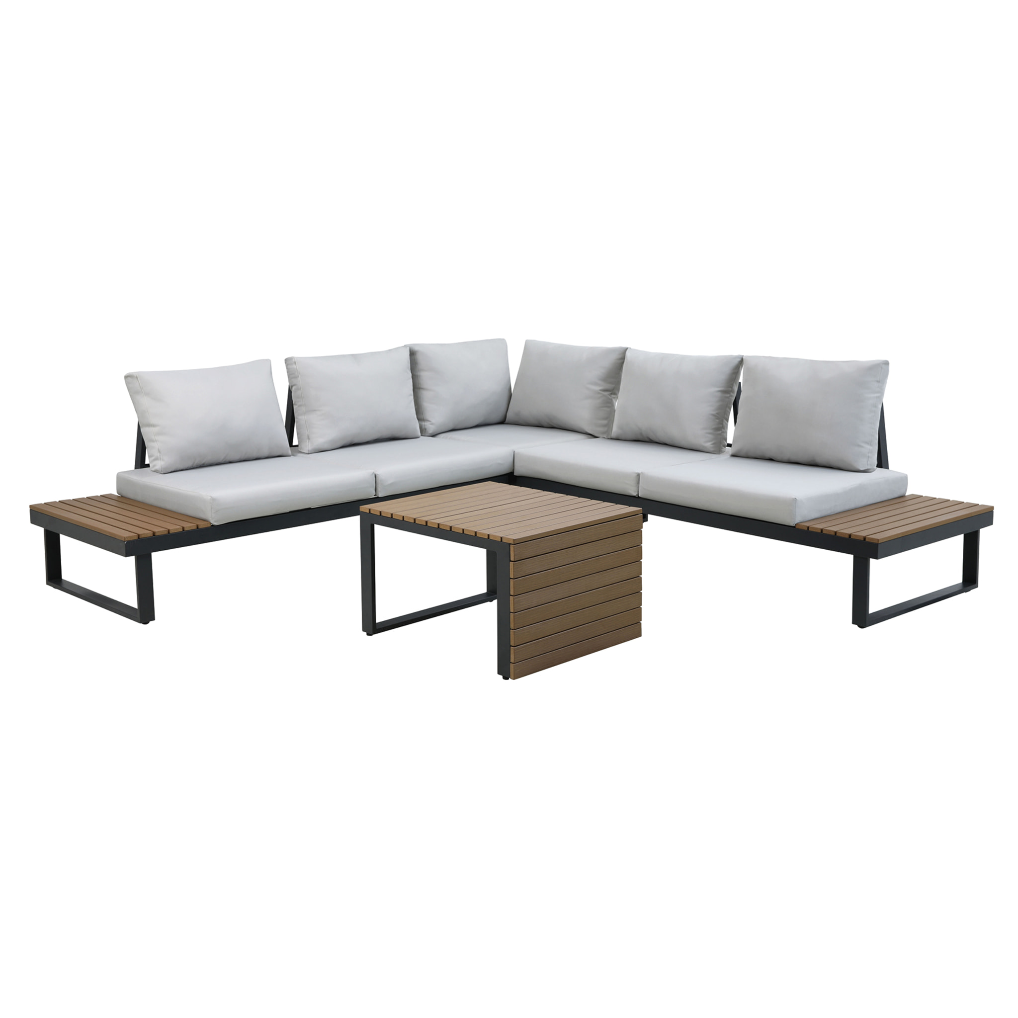 Set de jardín – Aluminio gris antracita y polywood marrón con cojines grises