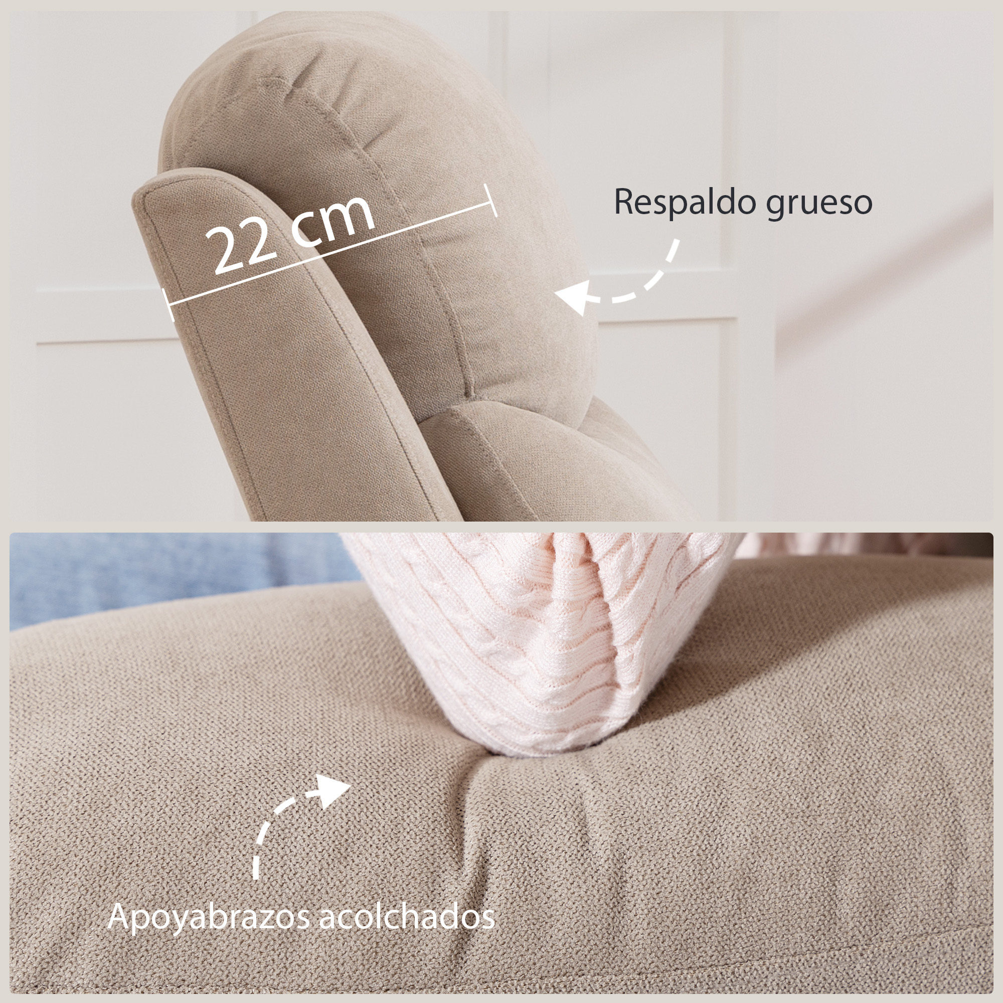 Sillón Relax Reclinable Manual, Sillón Relax Moderno, Tapizado en Tela Aspecto Lino, Reposapiés, Reposabrazos, Acolchado Grueso, Butaca Reclinable hasta 150°, Carga 120 kg, para Salón, Beige