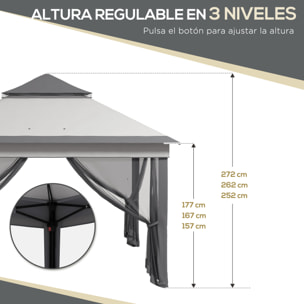 Carpa Plegable 3,26x3,26x2,72 m Cenador de Jardín con Doble Techo Altura Ajustable en 3 Niveles 4 Mosquiteras Protección UV30+ Impermeable y Bolsa para Fiestas Camping Gris