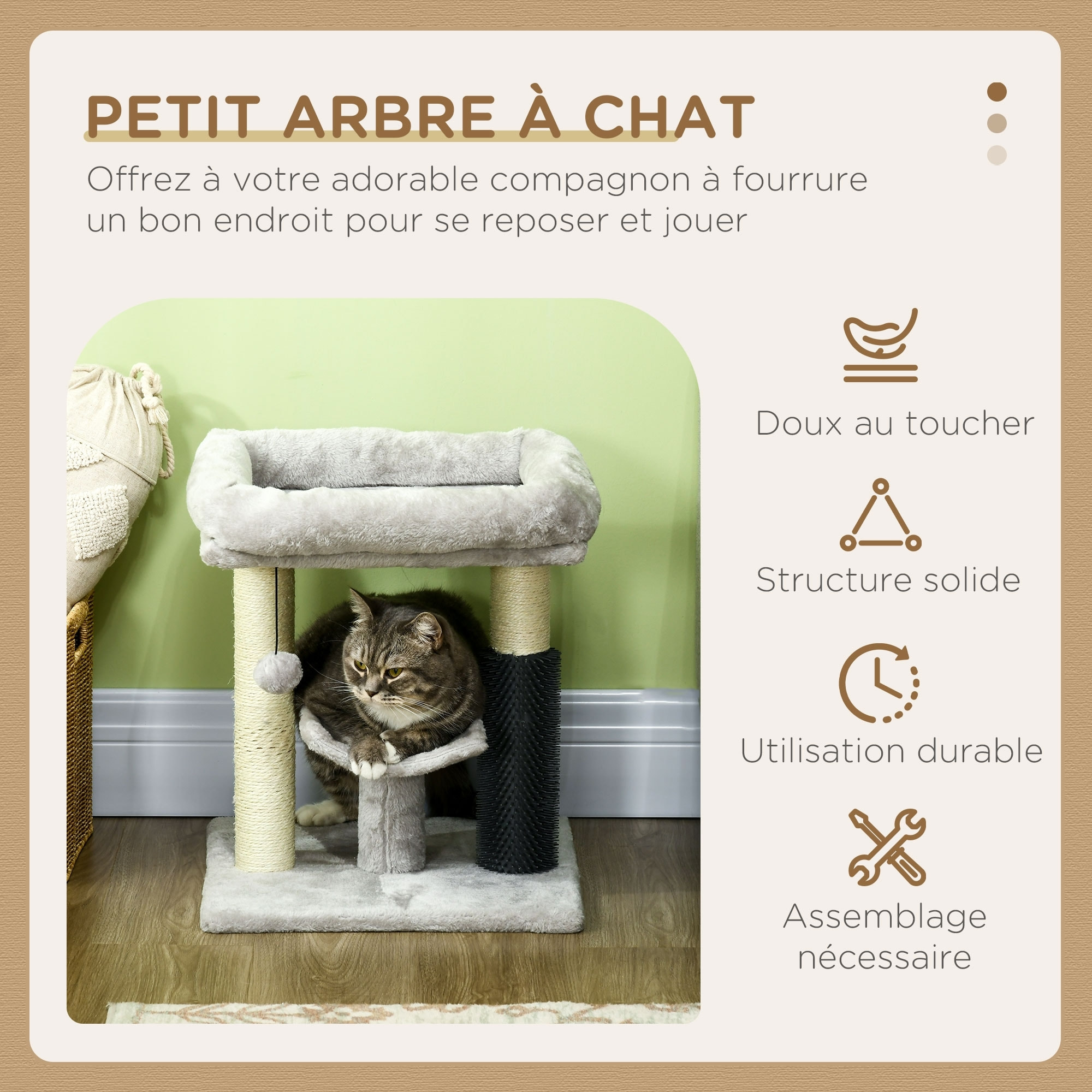 Arbre à chat griffoirs sisal naturel et massant plateforme panier jeu boule suspendue peluche gris