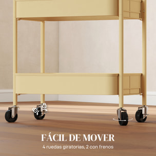 Carrito Auxiliar con Ruedas de 3 Niveles, Carrito de Cocina con 3 Cestas y 2 Asas, para Baño, Dormitorio, Oficina, 45x30,6x79 cm, Amarillo