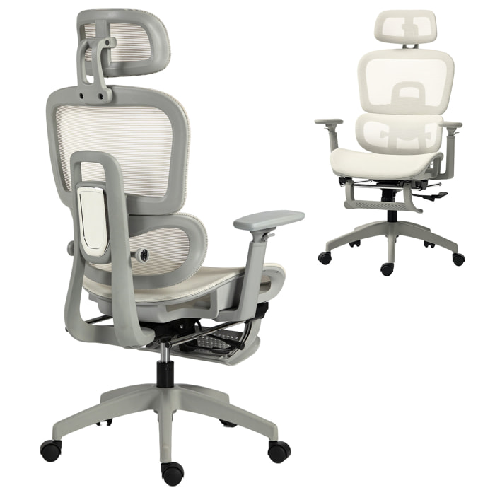 Silla de Oficina Ergonómica de Malla, Silla de Escritorio con Reposabrazos 3D, Reclinable a 135°, Reposacabezas Ajustable, Respaldo Alto, Soporte Lumbar, Reposapiés, Altura Ajustable, Beige