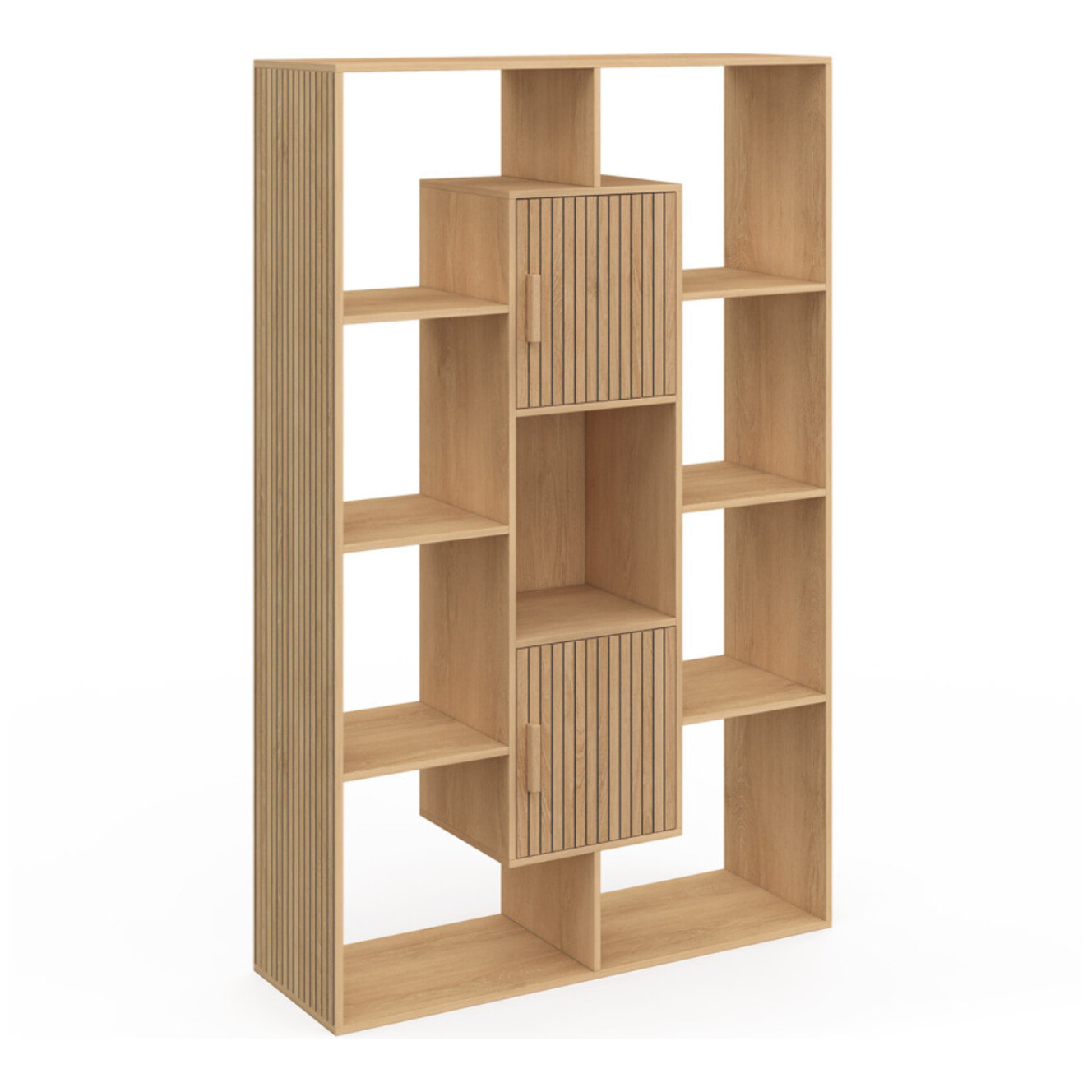 Etagère bibliothèque Faustine effet lattes 11 compartiments 143cm