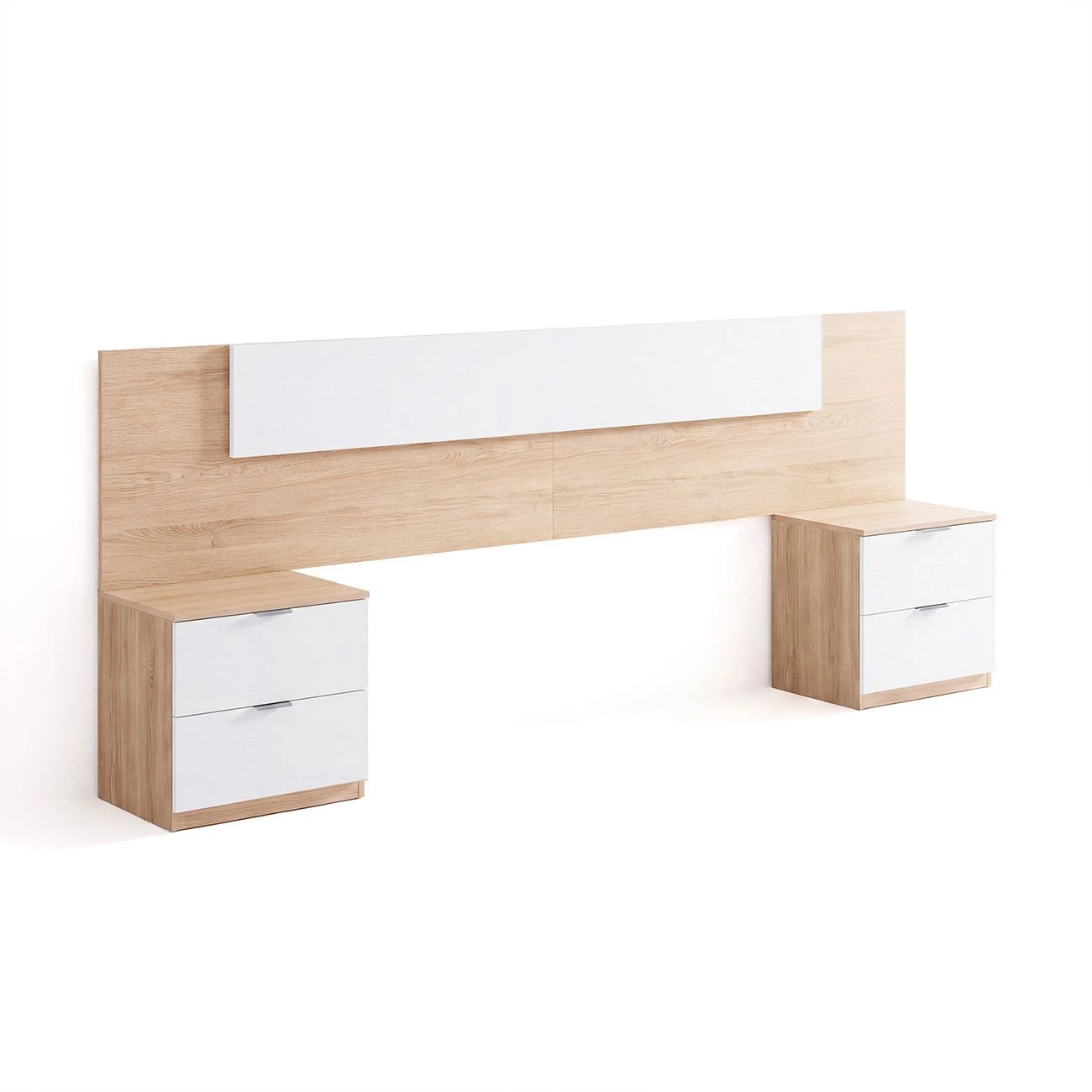 Cabecero para cama de 135-150 cm y 2 mesitas con cajones en roble canadian y blanco artik Akari Roble Canadian - Blanco Artik (Blanco Mate)