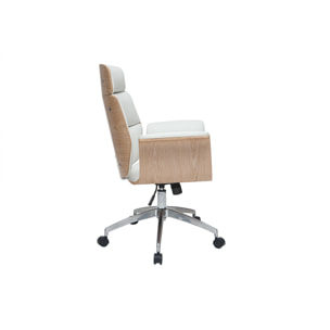 Fauteuil de bureau à roulettes design blanc, bois clair et acier chromé ELON