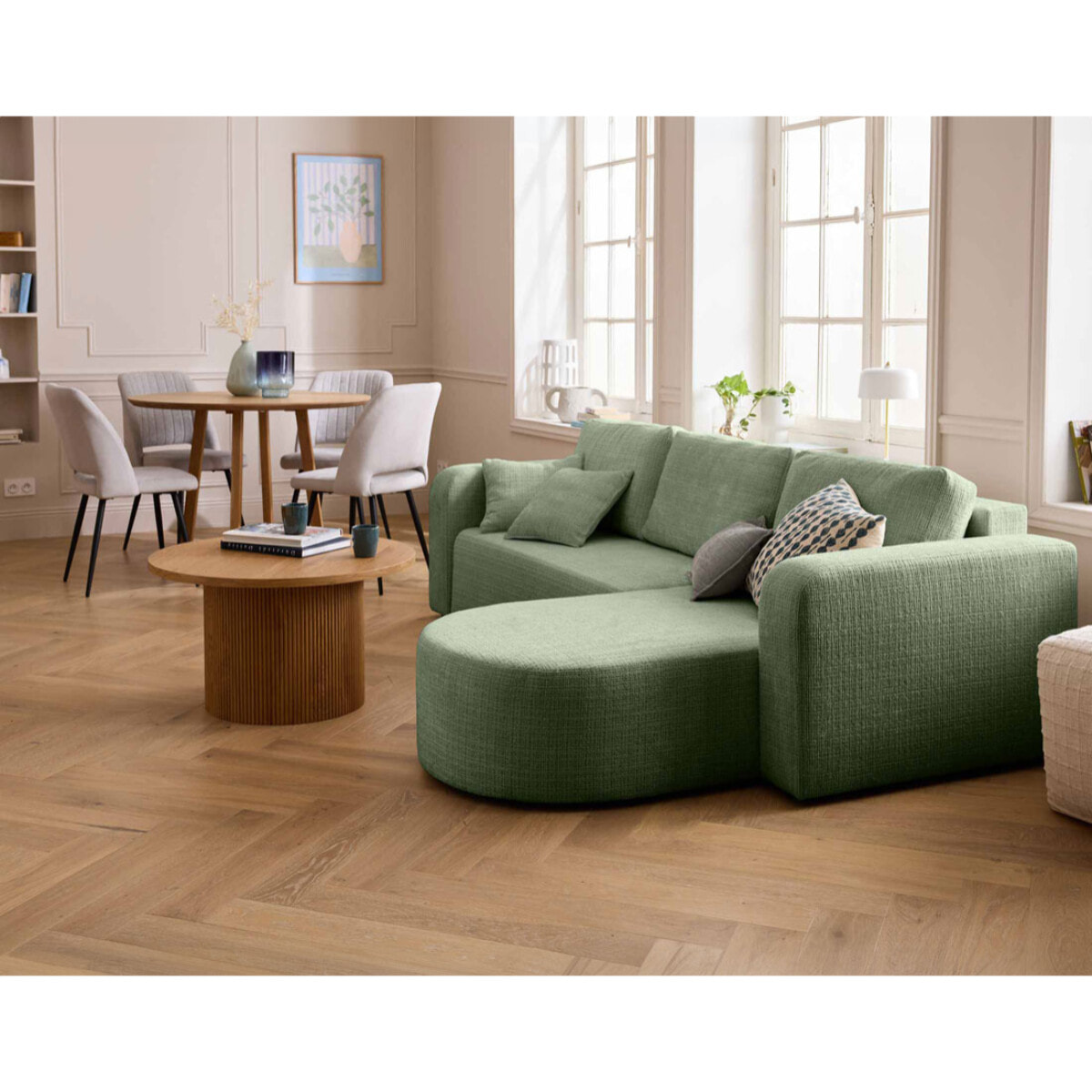 Miro - canapé d'angle réversible - 4 places - convertible avec coffre - en velours texturé - Vert sauge