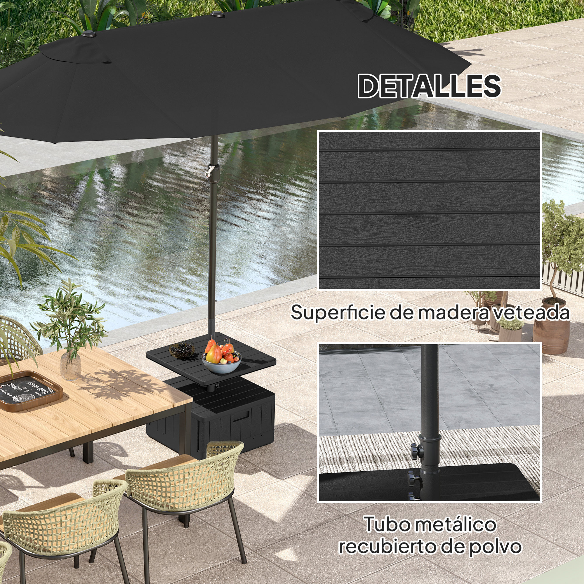 Base para Sombrilla Exterior 3 en 1, Mesa Auxiliar Ajustable, Macetero con Orificio de Drenaje, Soporte de Parasol Rellenable Arena 80 kg con Ruedas y Asas, para Postes Ø38 y Ø48 mm, Negro