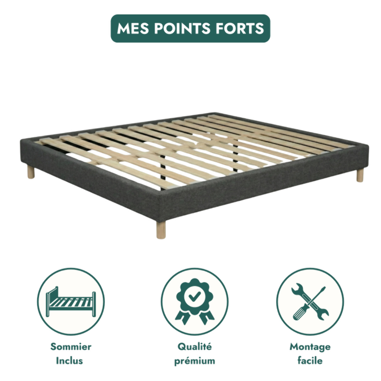 Ensemble Matelas Cosmos & sommier | Mémoire de forme et ressorts ensachés | Cadre à lattes | Tissu | Gris Foncé