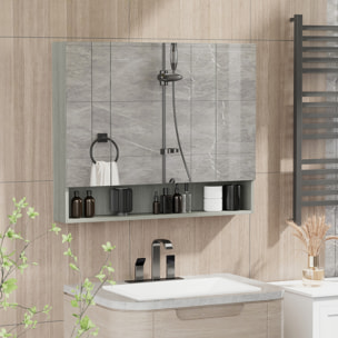 Armoire miroir salle de bain 3 portes 5 étagères, niche - 90 x 15 x 75 cm - effet bois gris