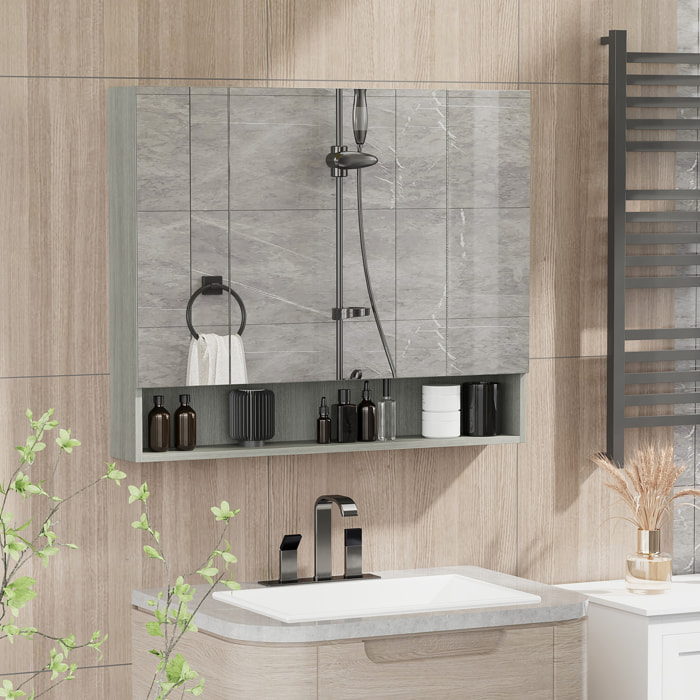 Armoire miroir salle de bain 3 portes 5 étagères, niche - 90 x 15 x 75 cm - effet bois gris