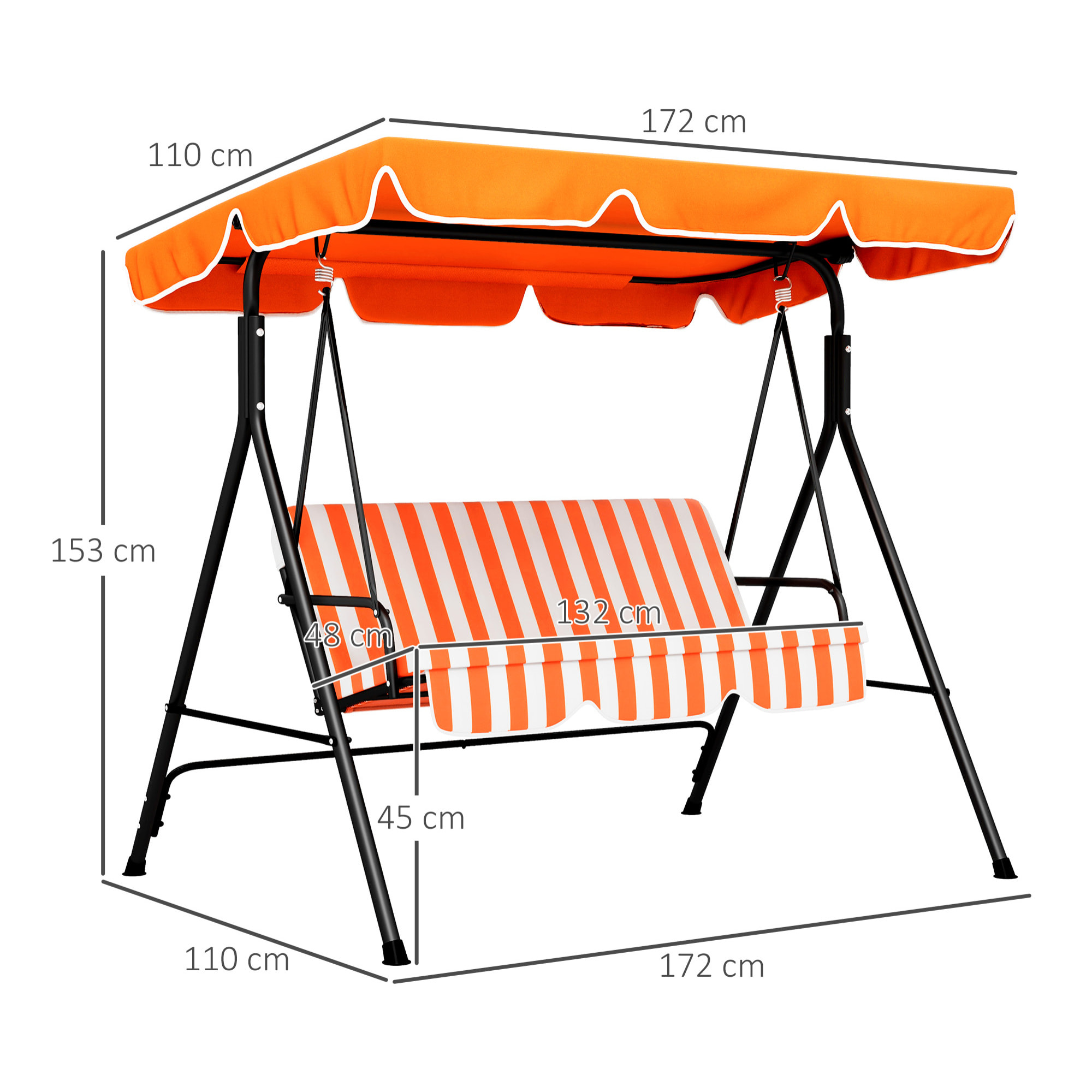 Columpio de Jardín Exterior de 3 Plazas, Balancín de Jardín Exterior con Techo Ajustable y Marco de Acero, para Balcón, Terraza, Patio, Carga 200 kg, 172x110x153 cm, Naranja