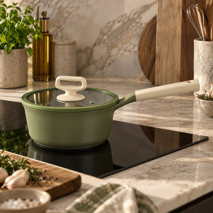 Casserole 18cm en fonte d'aluminium avec couvercle vert - tous feux ANNA