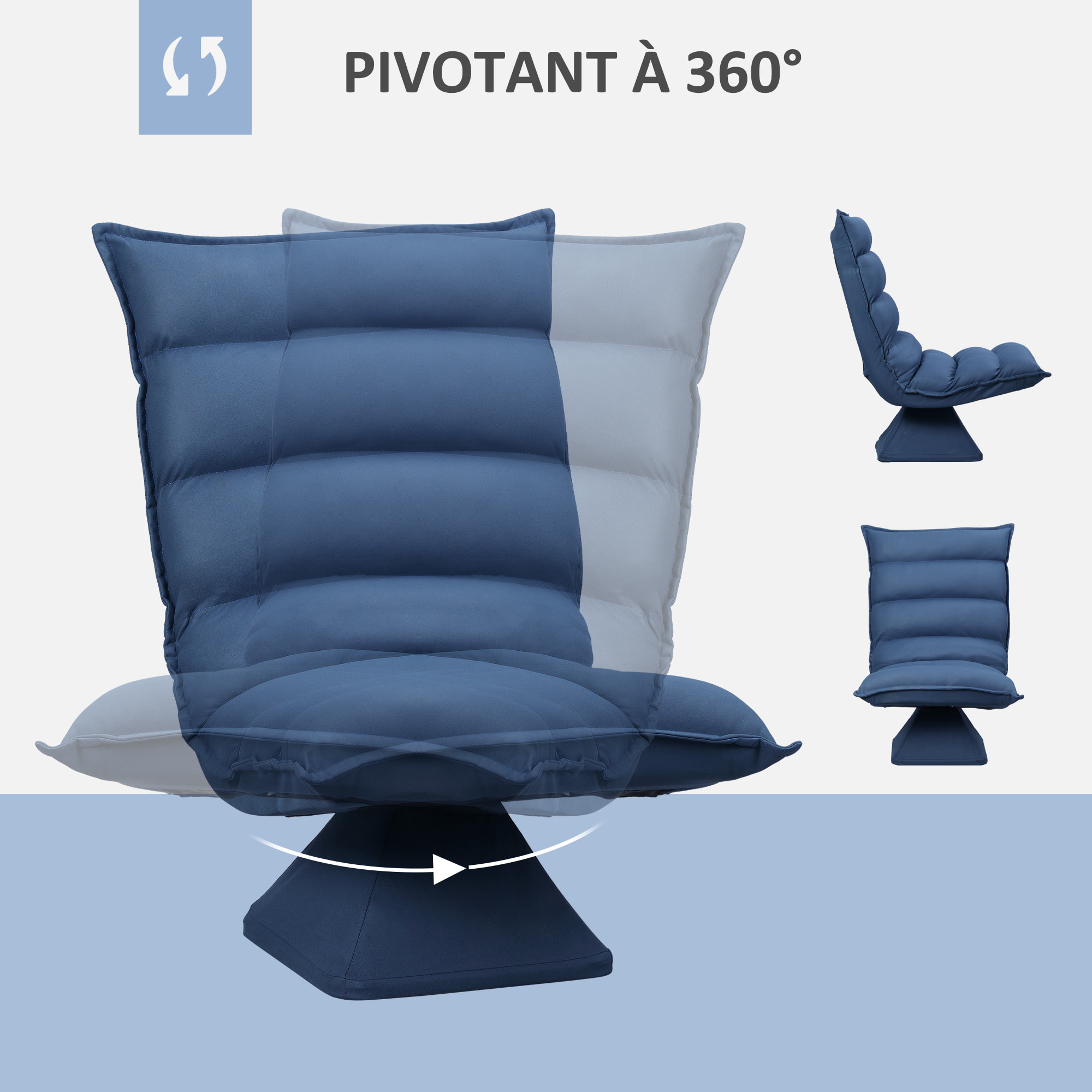 Fauteuil relax grand confort pivotant inclinaison réglable 5 niv. épais garnissage mousse haute densité tissu velours microfibre bleu