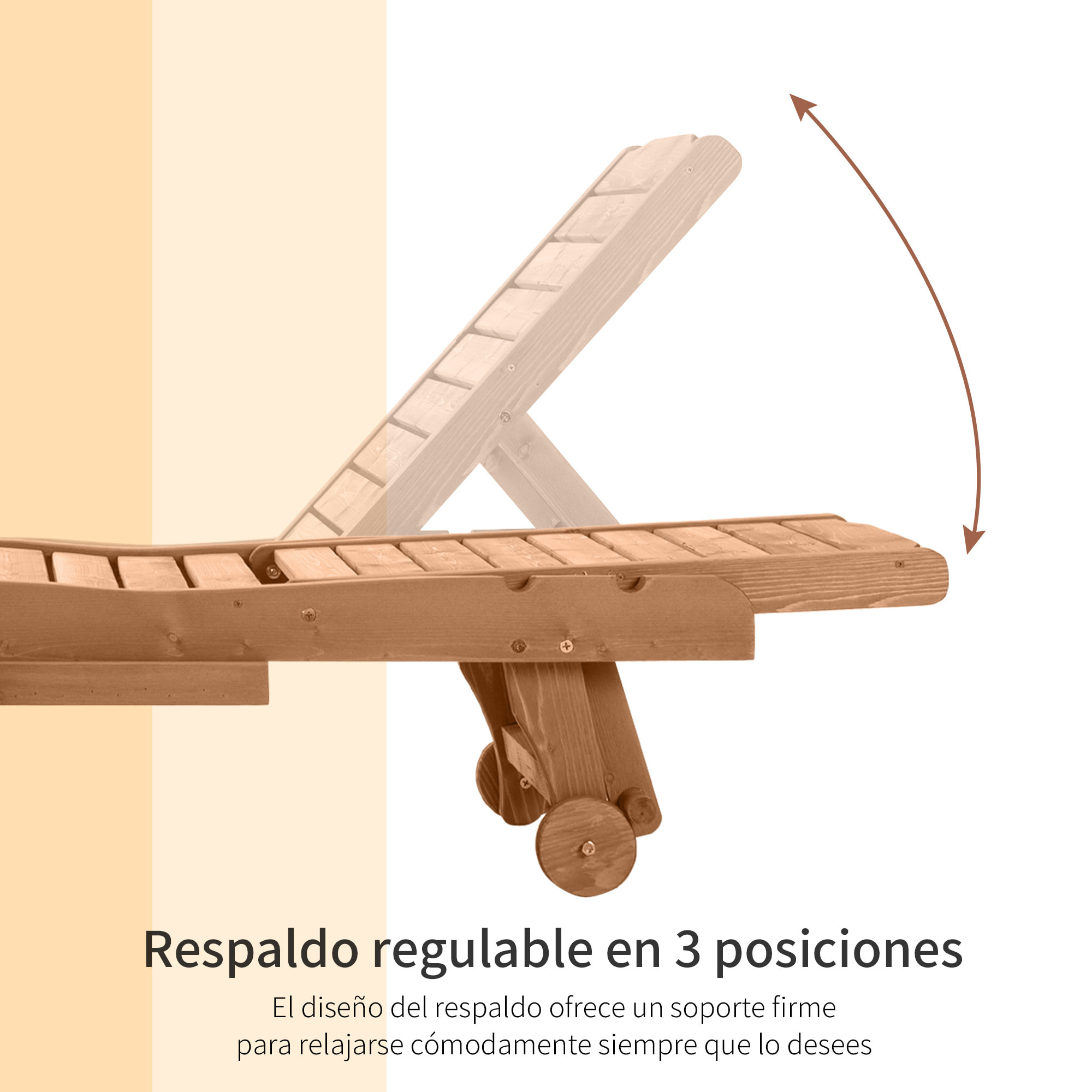 Tumbona de Madera Exterior Silla Reclinable de Jardín con 2 Ruedas Respaldo Ajustable en 3 Niveles y 1 Bandeja Carga 130 kg para Terraza Patio Natural