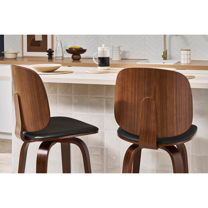 Tabourets de bar design pivotants noirs et noyer H66 cm (lot de 2) BECK