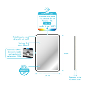 Miroir salle de bain avec eclairage LED et contour noir - 40x60cm - GO BLACK LED