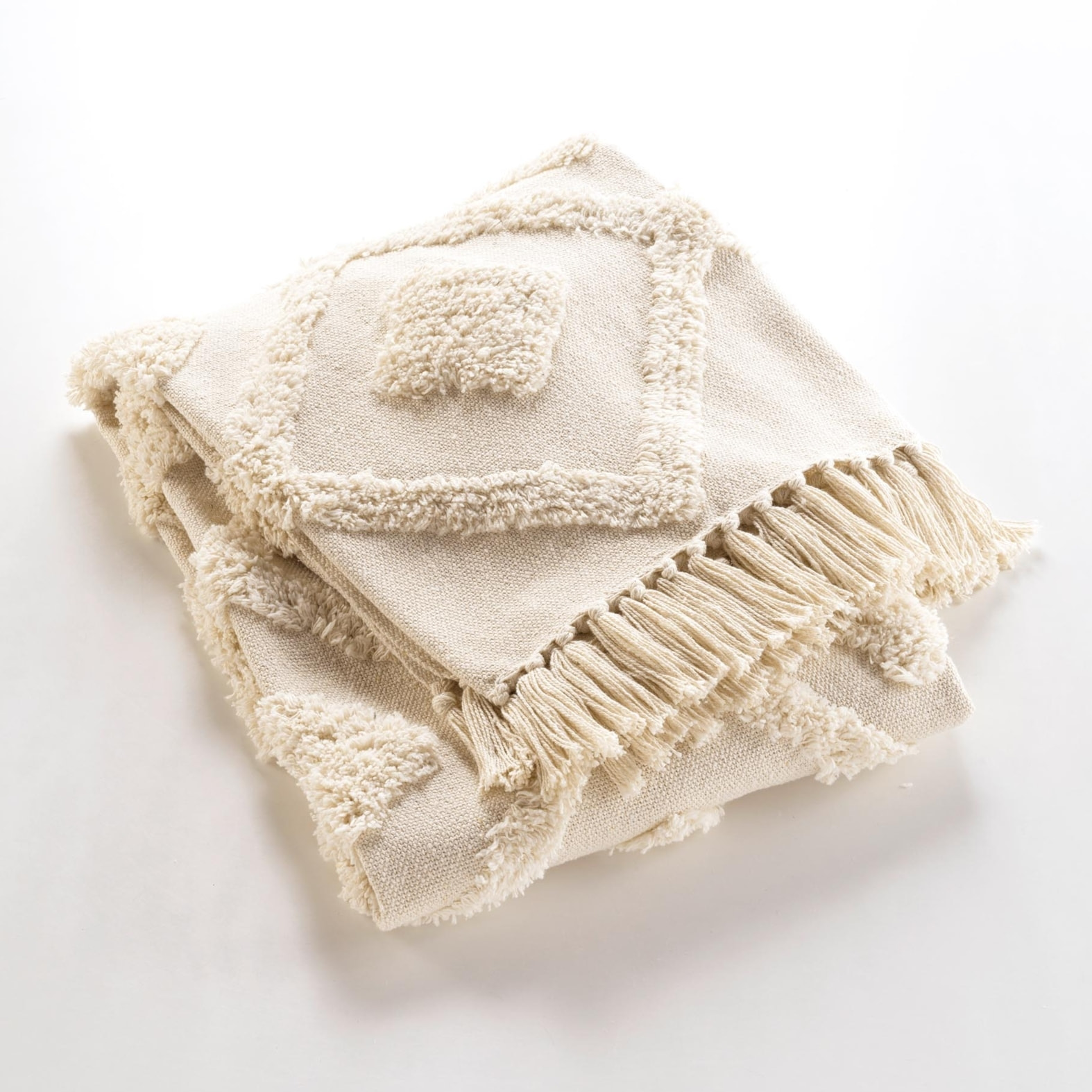 Plaid bohème tufté avec franges - Blanc cassé