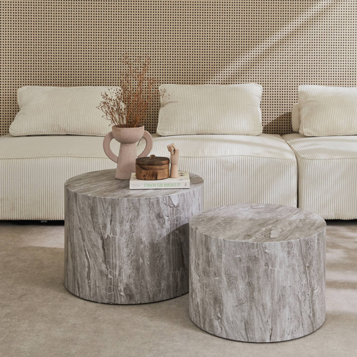Lot de 2 tables basses PAROS rondes effet marbre gris. tables gigognes Ø58 x H 40cm / Ø50 x H 33cm