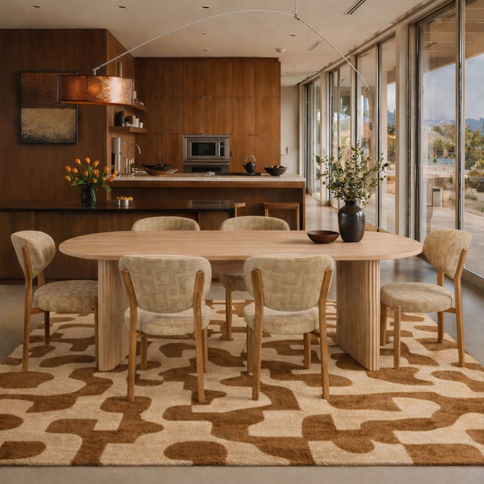 Ensemble table ovale effet bois 220cm et 6 chaises en tissu beige SUZIE