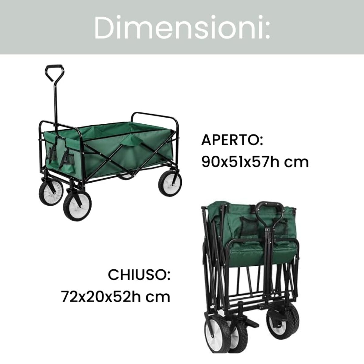 INTRECCI Carrellino Pieghevole da Spiaggia, Resistente a Raggi UV e Ruggine, Impermeabile, Peso max 80kg, con Freno e Manico Estensibile, Perfetto per Spiaggia, Pic-Nic e Campeggio, Mod. Comiso