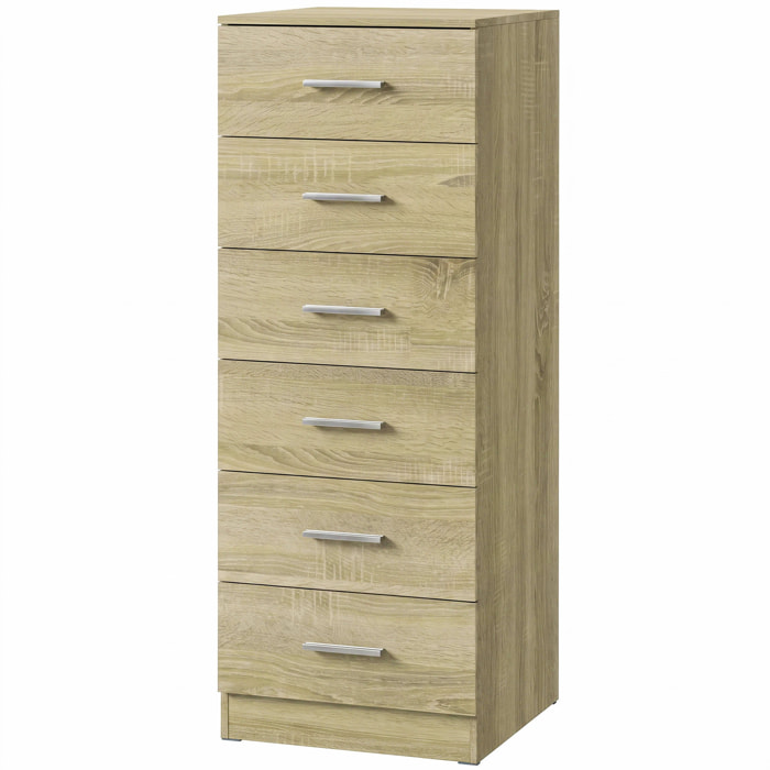 Chiffonnier 6 tiroirs dim. 40 x 40 x 110 cm poignées alu effet bois clair