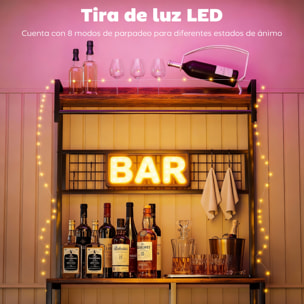 Estantería de Cocina con Tres Enchufes y Luces LED, Estantería de Panadería Industrial con Estantes para Microondas, Cesta de Malla Metálica, Ganchos, Barra 80x42x162 cm, Marrón Rústico y Negro