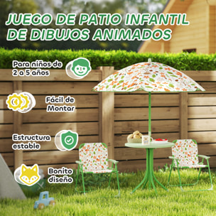 Conjunto de Mesa y Sillas Infantil de Jardín de 4 Piezas Mesa Infantil con Sillas Plegables Sombrilla Ajustable Diseño de Zorro para Patio Pícnic Verde