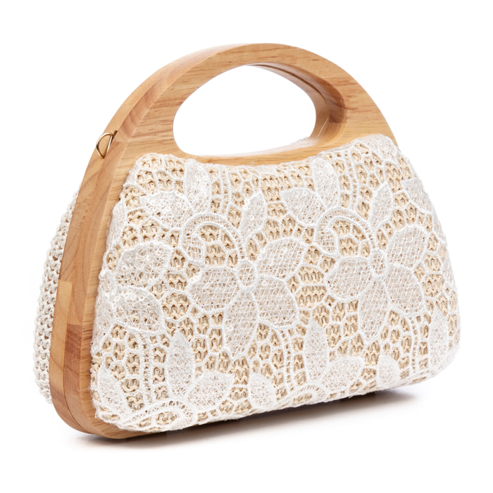 Ausa borsa a mano realizzata in legno naturale, con carta intrecciata e jute design rete di tessuto floreale