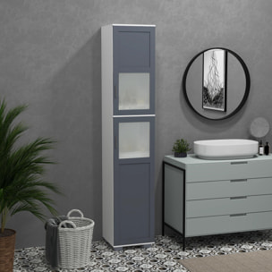 Armario Alto de Baño Mueble Columna de Baño con 2 Puertas de Vidrio Templado y Estantes Ajustables 37x35x190 cm Blanco y Gris