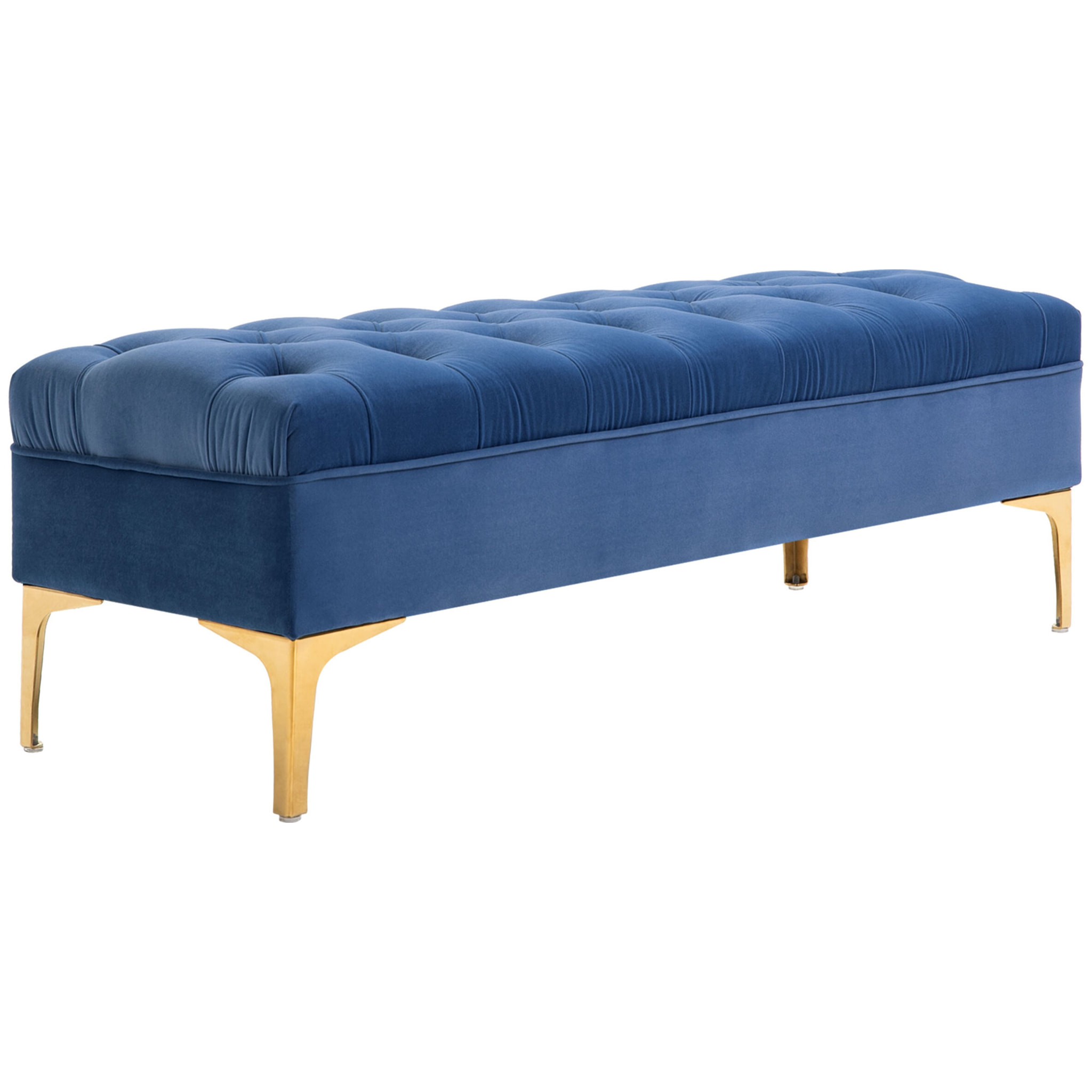 Banc banquette capitonnée style classique chic dim. 118L x 45l x 42H cm piètement métal doré velours bleu roi