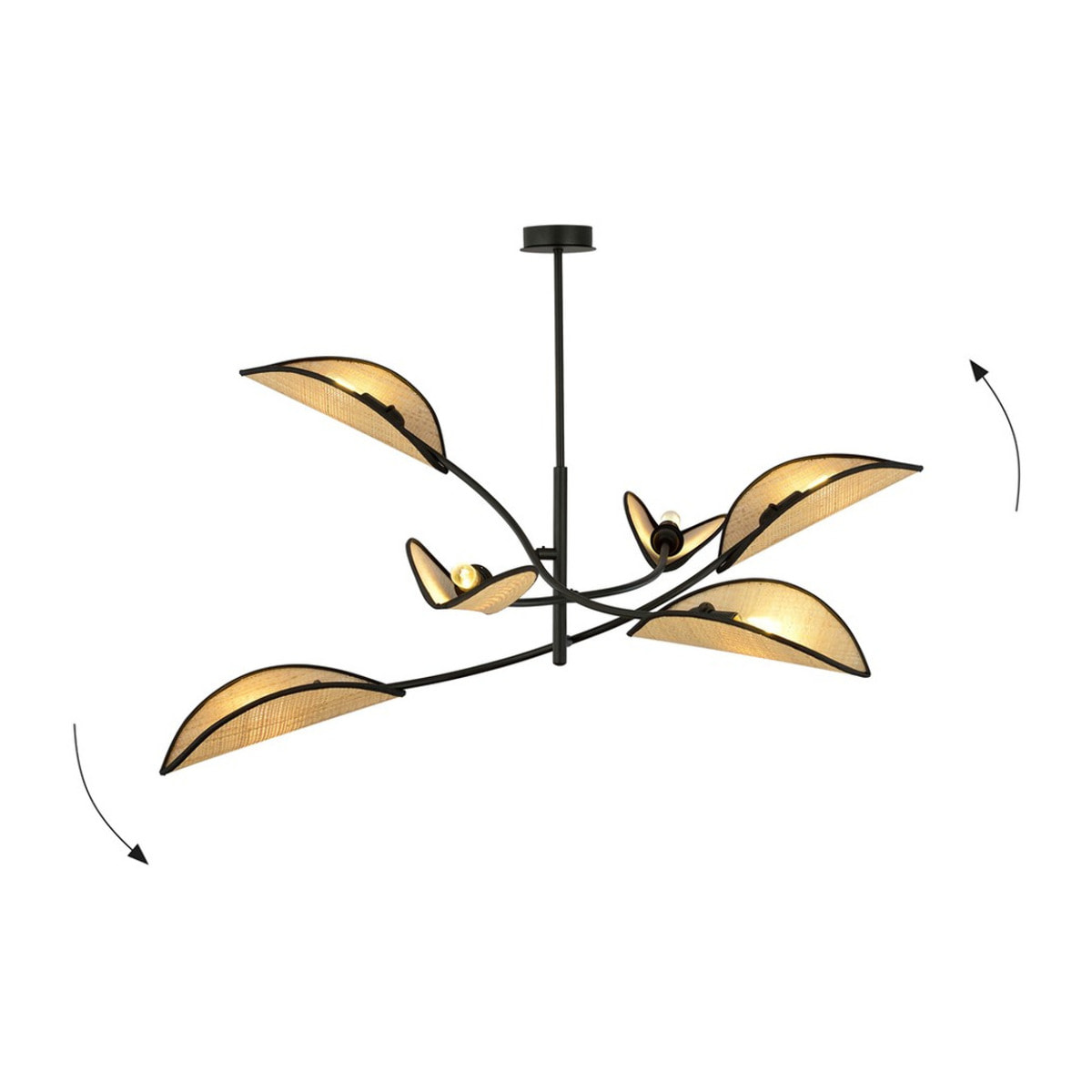 Lampada a sospensione Lotus in acciaio nero e rattan