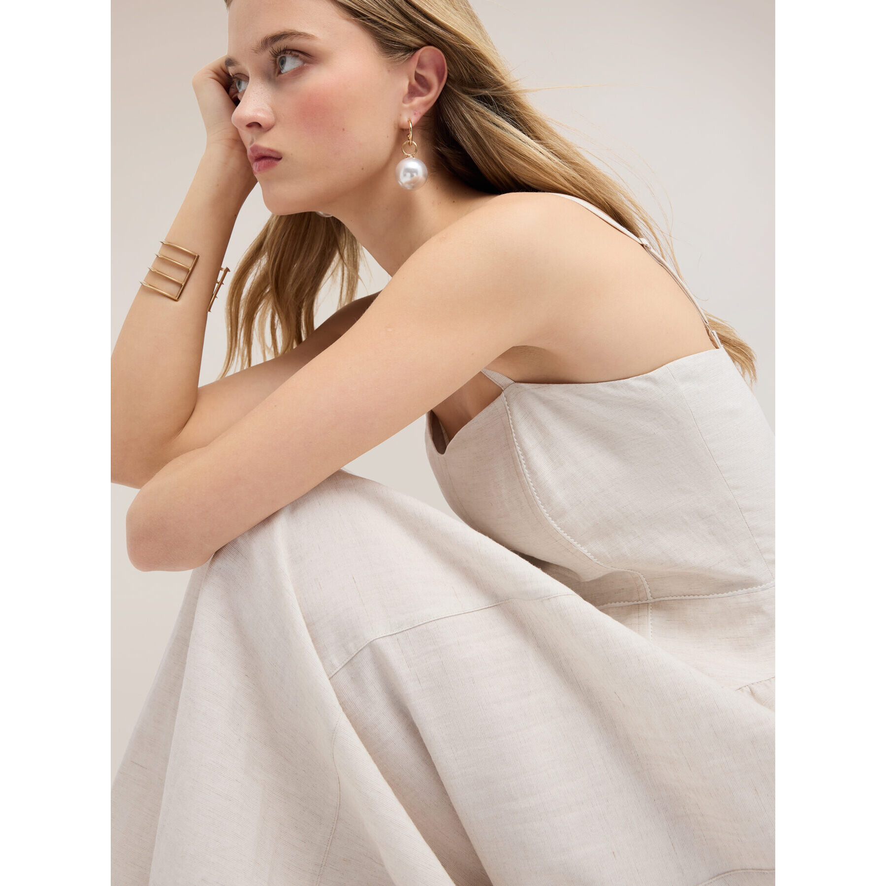 Motivi - Vestido largo flare de mezcla de lino - Beige