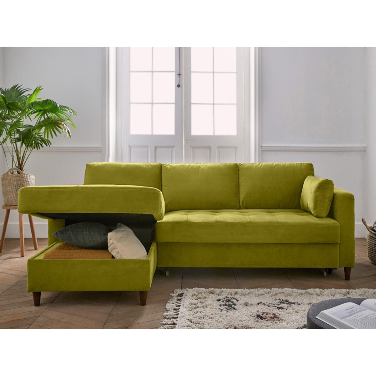 Anna - canapé d'angle gauche - 4 places - convertible avec coffre - en velours - Vert Olive