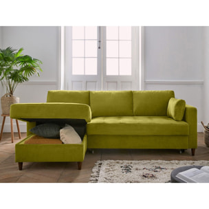 Anna - canapé d'angle gauche - 4 places - convertible avec coffre - en velours - Vert Olive