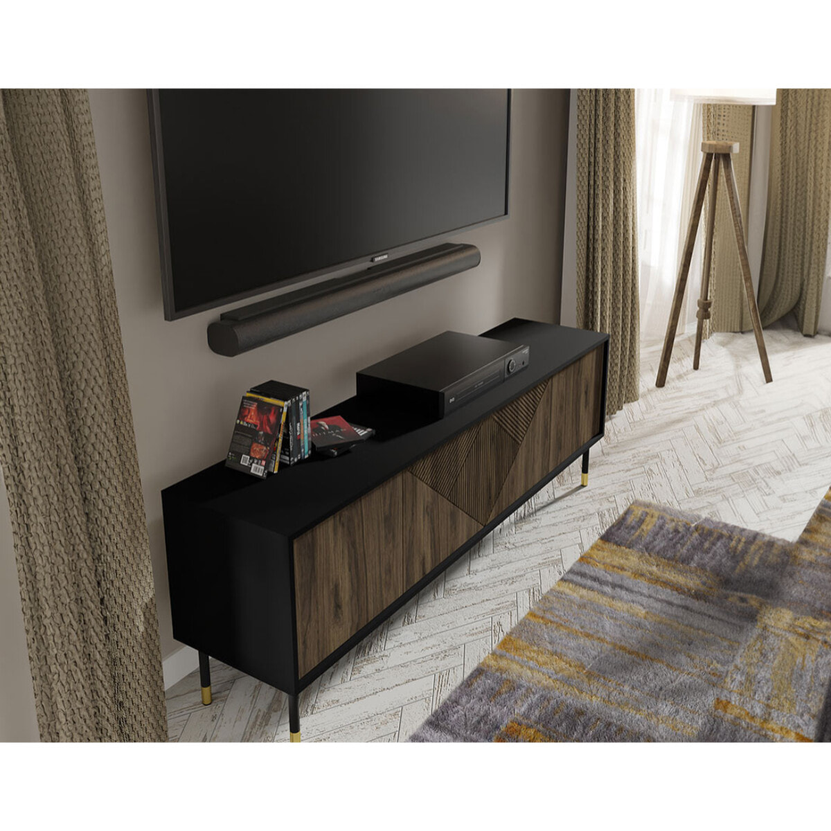 Kirua - meuble tv - 4 portes - 180 cm - Noir / Bois