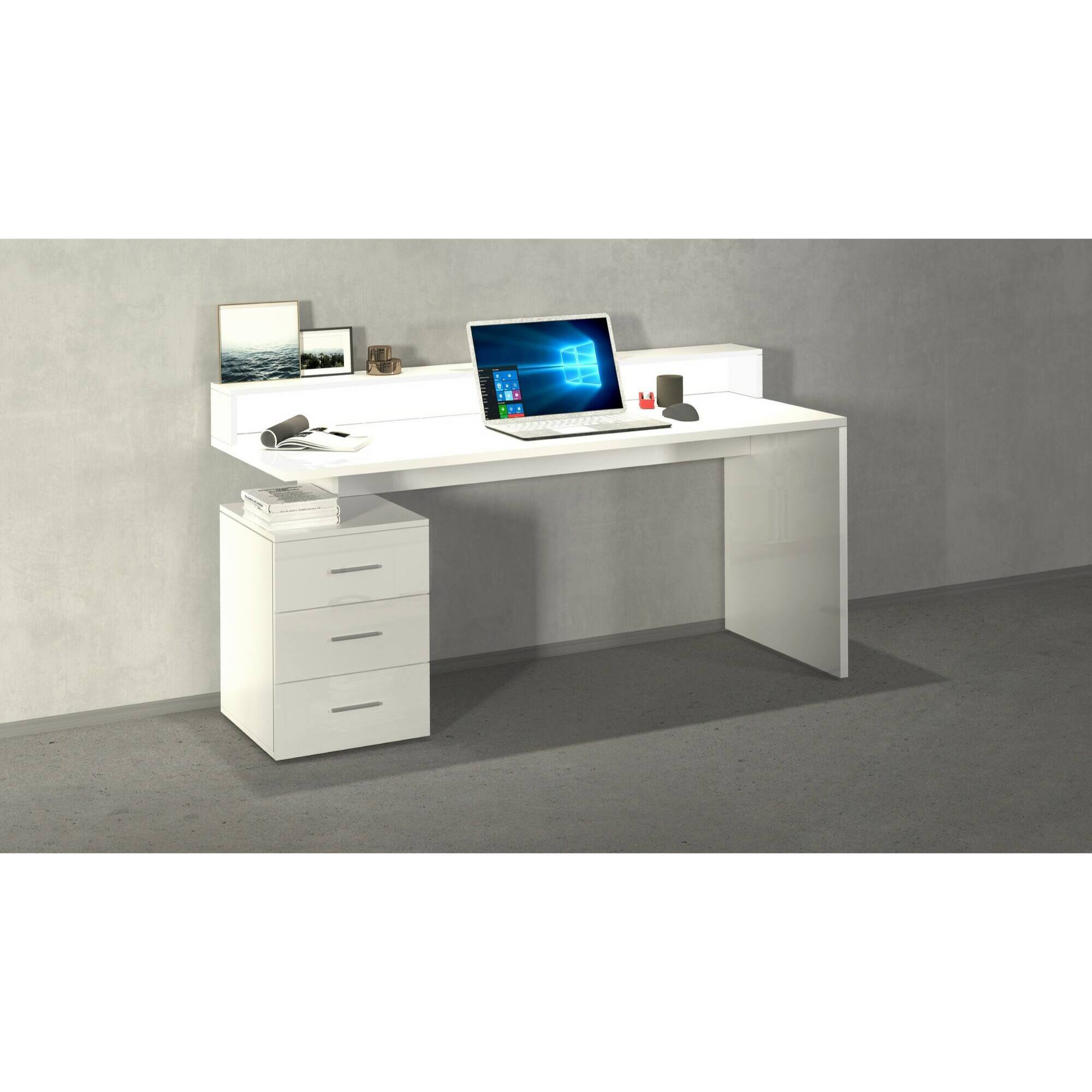 Scrivania Dcaligar, Scrittoio con sopralzo e luci LED, Scrivania ufficio multiuso, Scrivania salvaspazio multi posizione, 160x60h90 cm, Bianco