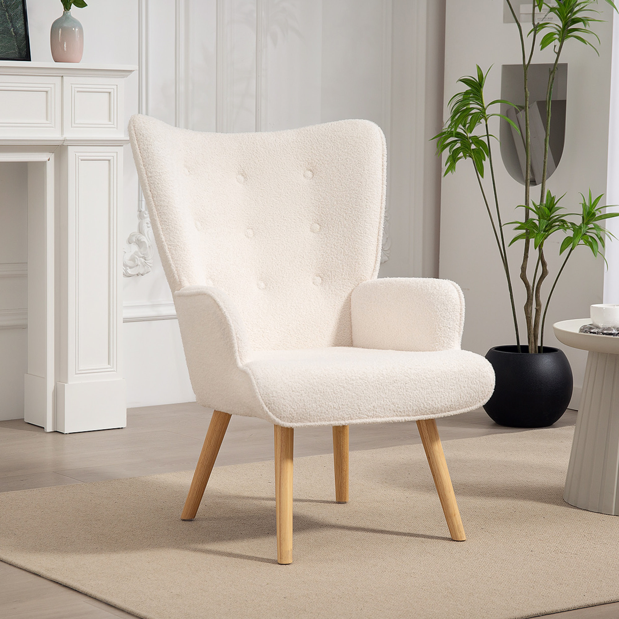 Fauteuil à oreilles style nordique piètement bois effet laine bouclée beige clair