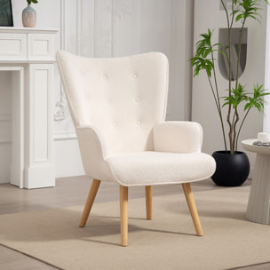 Fauteuil à oreilles style nordique piètement bois effet laine bouclée beige clair