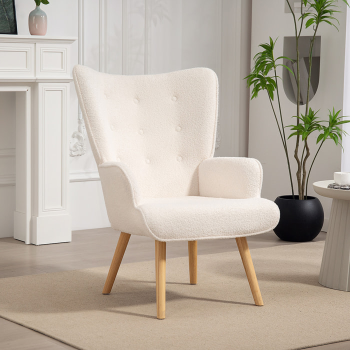 Fauteuil à oreilles style nordique piètement bois effet laine bouclée beige clair