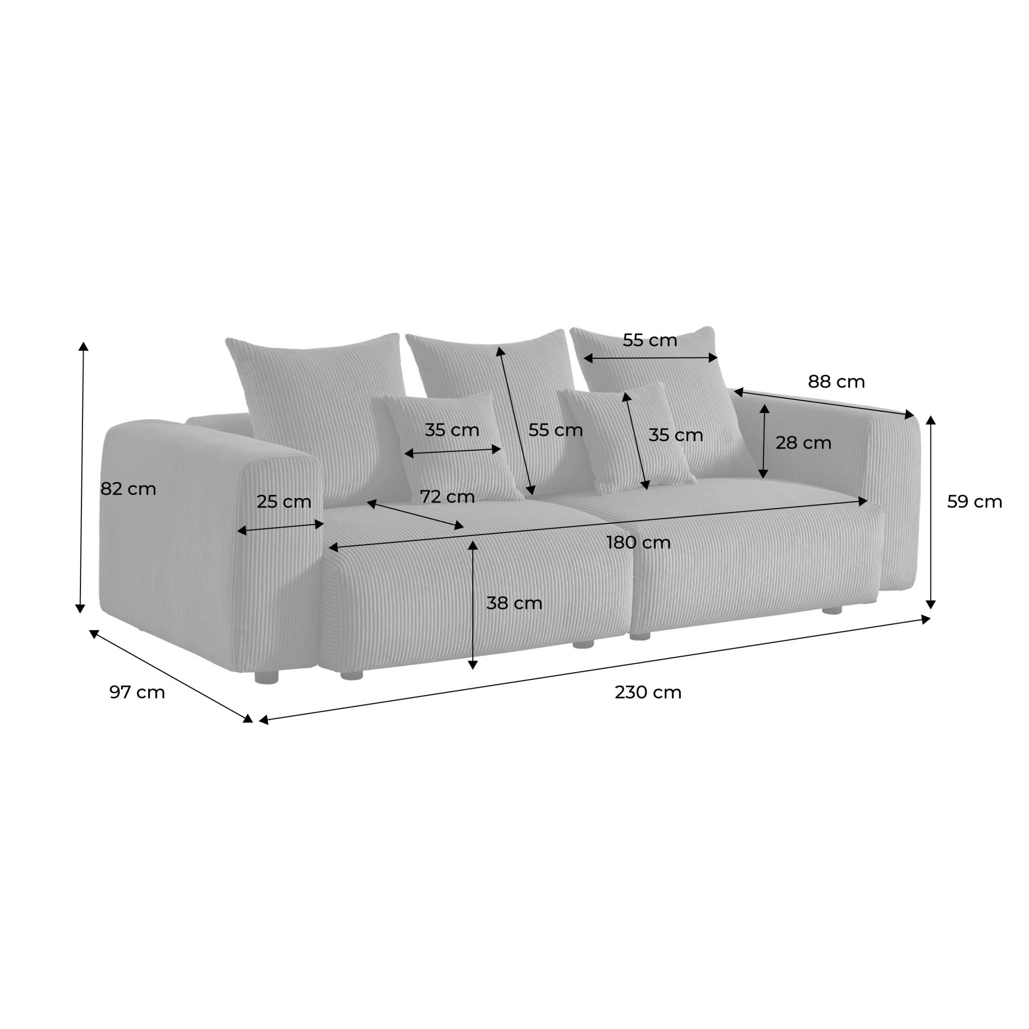 Canapé déhoussable 3 places en velours côtelé grosse côte kaki avec pluie de coussins L 230 x P 97 x H 82cm - Pillow