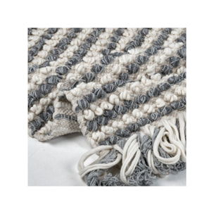 Tapis 60 x 80 cm tissu texturé petits pompons avec franges bicolores - MARINE