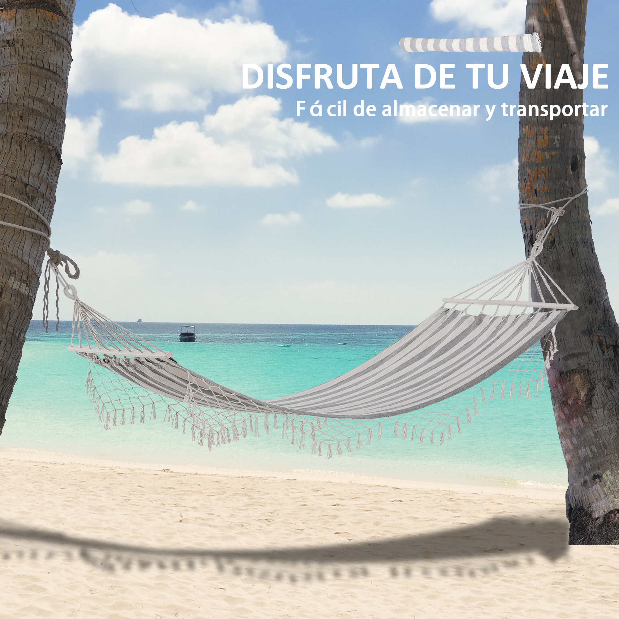 Hamaca de Jardín 200x100 cm Hamaca Colgante con Travesaños de Madera Carga 120 kg para Patio Terraza Balcón Camping Gris y Crema