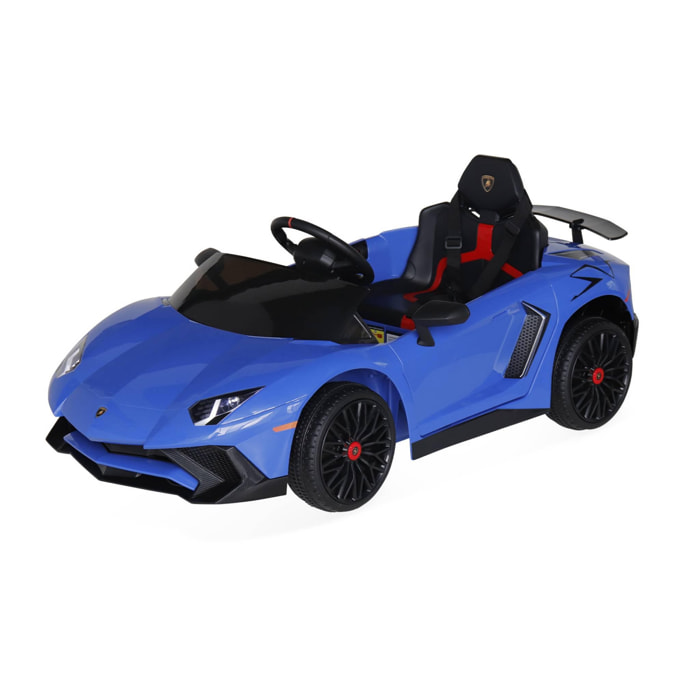 Voiture électrique 12V pour enfant Lamborghini. bleu. 1 place. avec autoradio. télécommande. MP3. port USB et phares fonctionnels