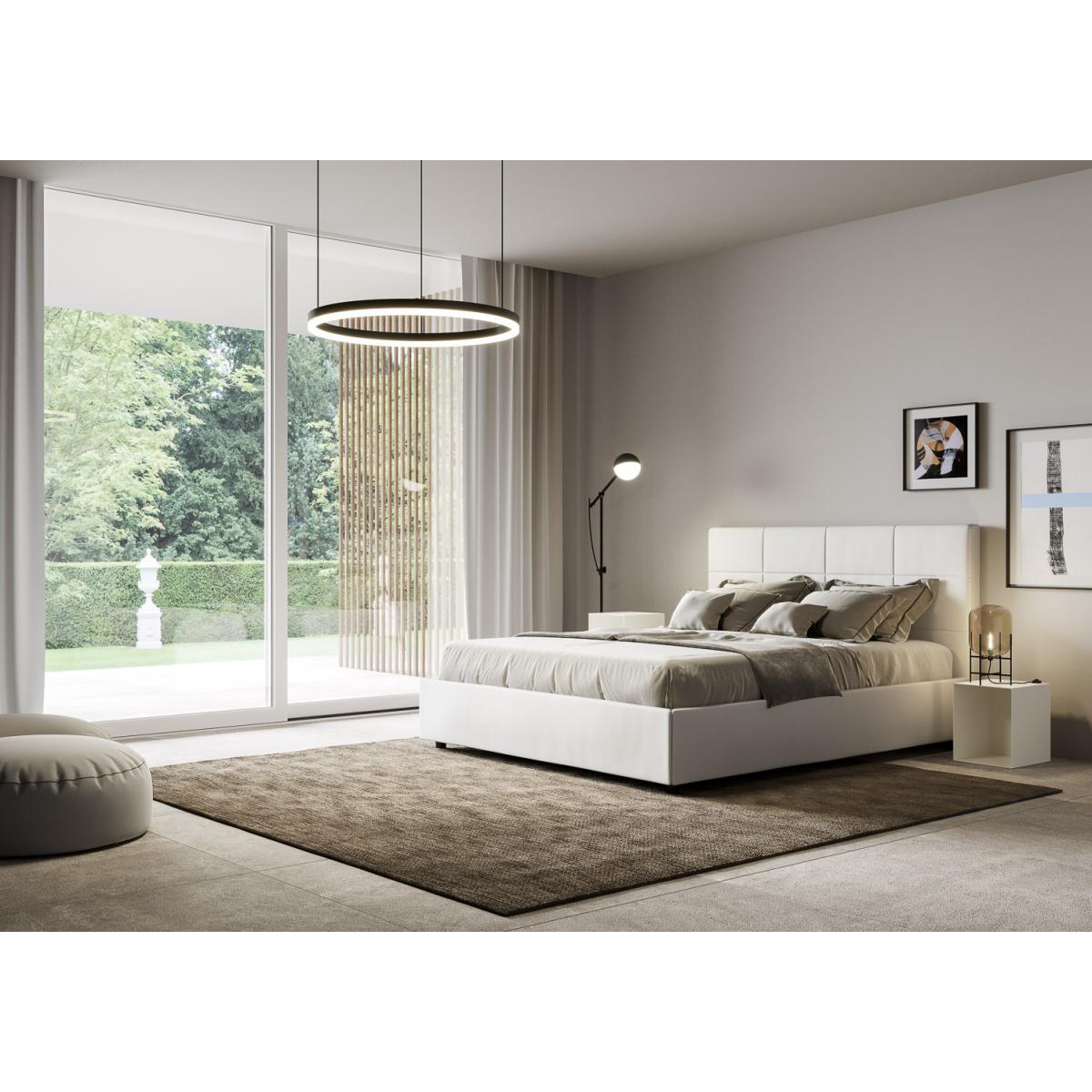 Cama con almacenaje acolchada 160x200 cuero sintético blanco Mika